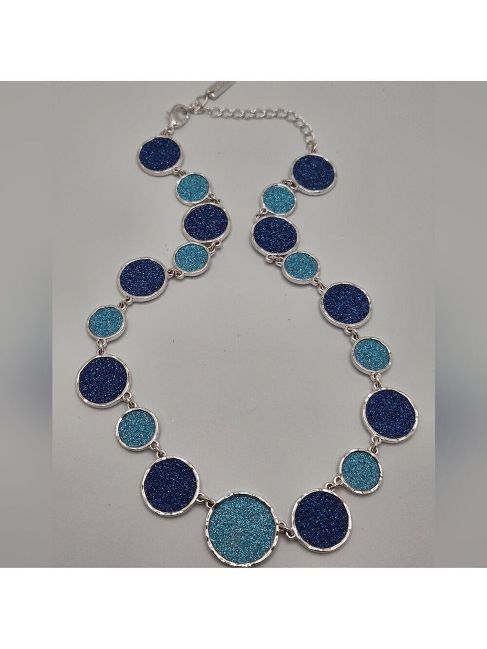 Blue Druzy Quartz Necklace Silver Tone Signed SUNG 16" +3"